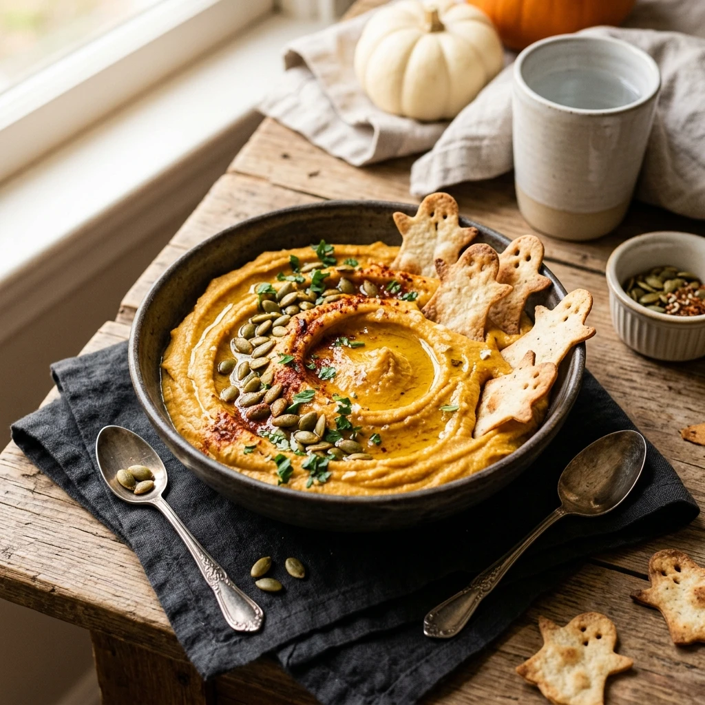 Pumpkin Hummus With Ghost Chips - Vegan Dinner