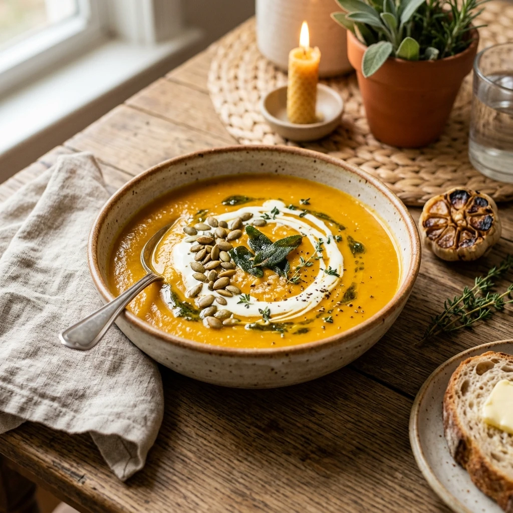 Pumpkin Soup With Roasted Garlic And Cream Cozy Fall Dinner