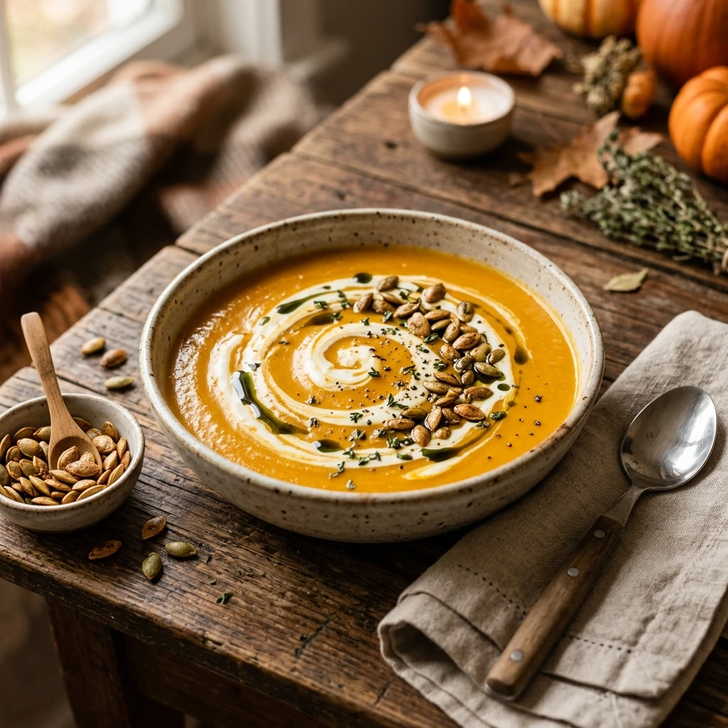 Pumpkin Soup With Toasted Pumpkin Seeds And Cream Fall