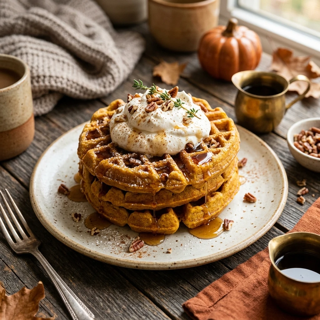 Pumpkin Waffles With Maple Syrup And Whipped Cream Fall