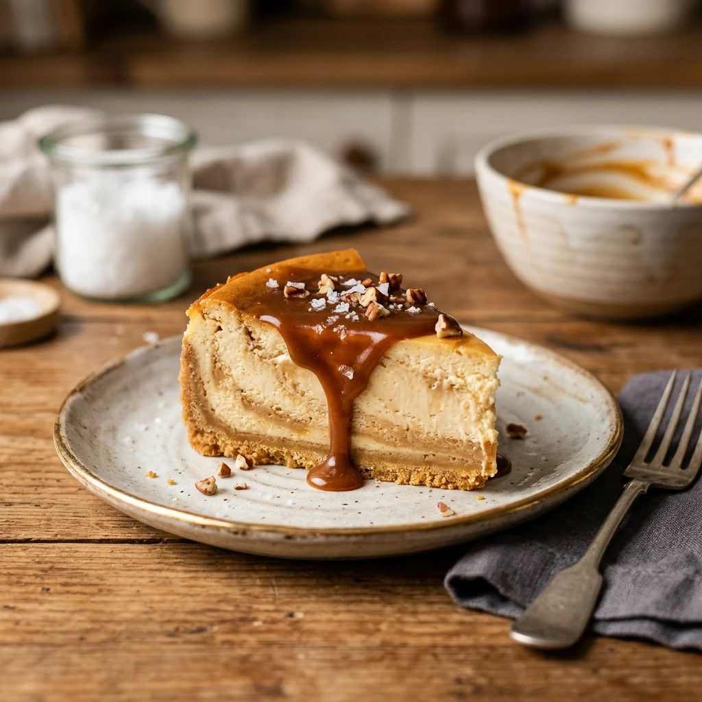 Salted Caramel Cheesecake Creamy Baked Easy Flavored Viral Recipe