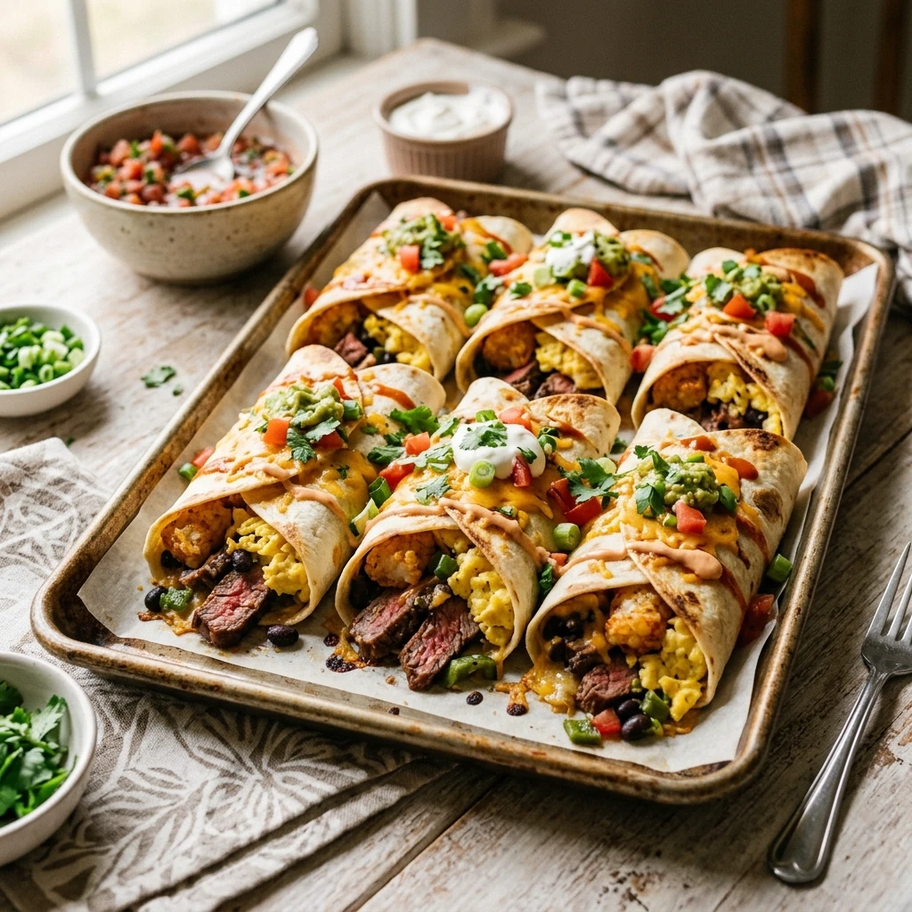 Sheet Pan Breakfast Burritos With Steak And Eggs Feeds A Crowd