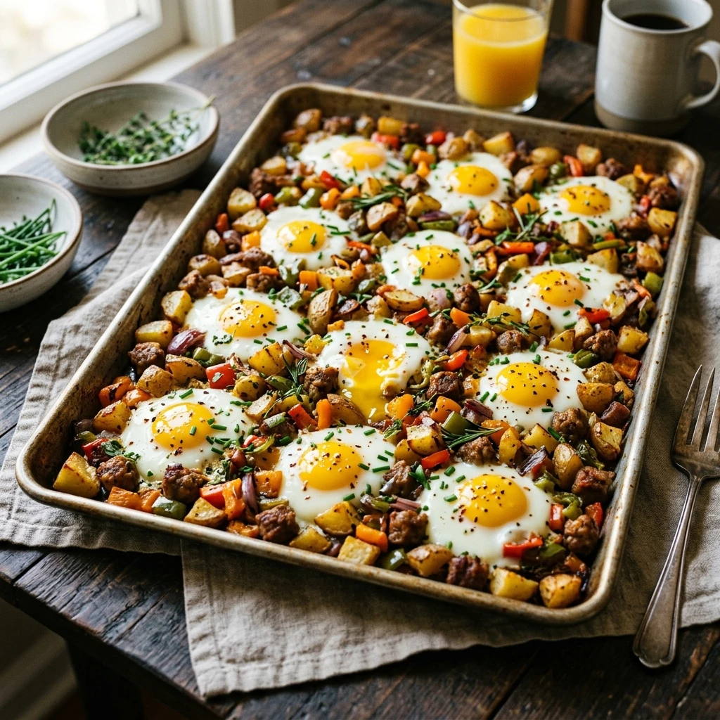 Sheet Pan Breakfast Hash Browns And Eggs Feeds 12