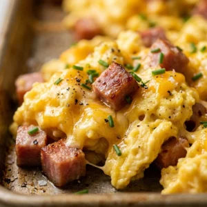 Sheet Pan Cheesy Scrambled Eggs With Ham Feeds 12 No Fail