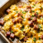 Sheet Pan Cheesy Scrambled Eggs With Ham Feeds 12 No Fail