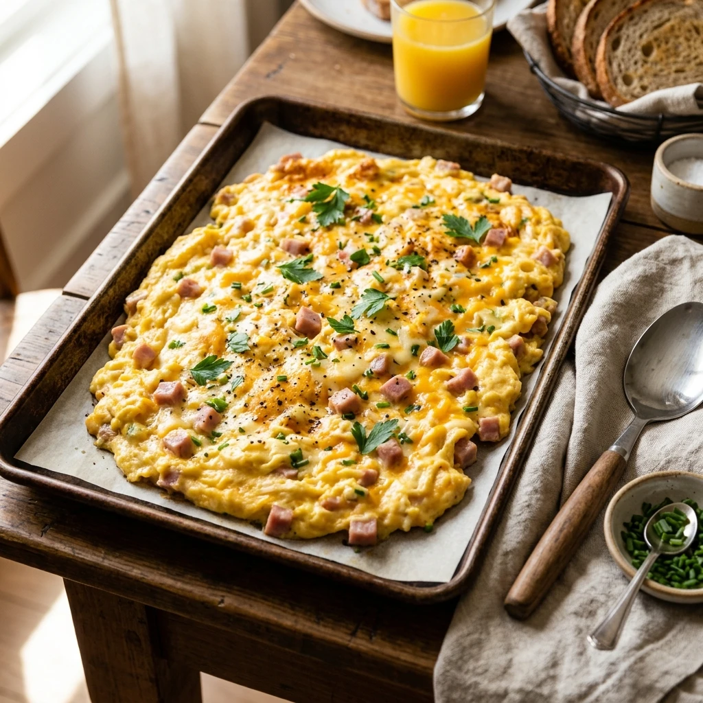 Sheet Pan Cheesy Scrambled Eggs With Ham Feeds 12 No Fail