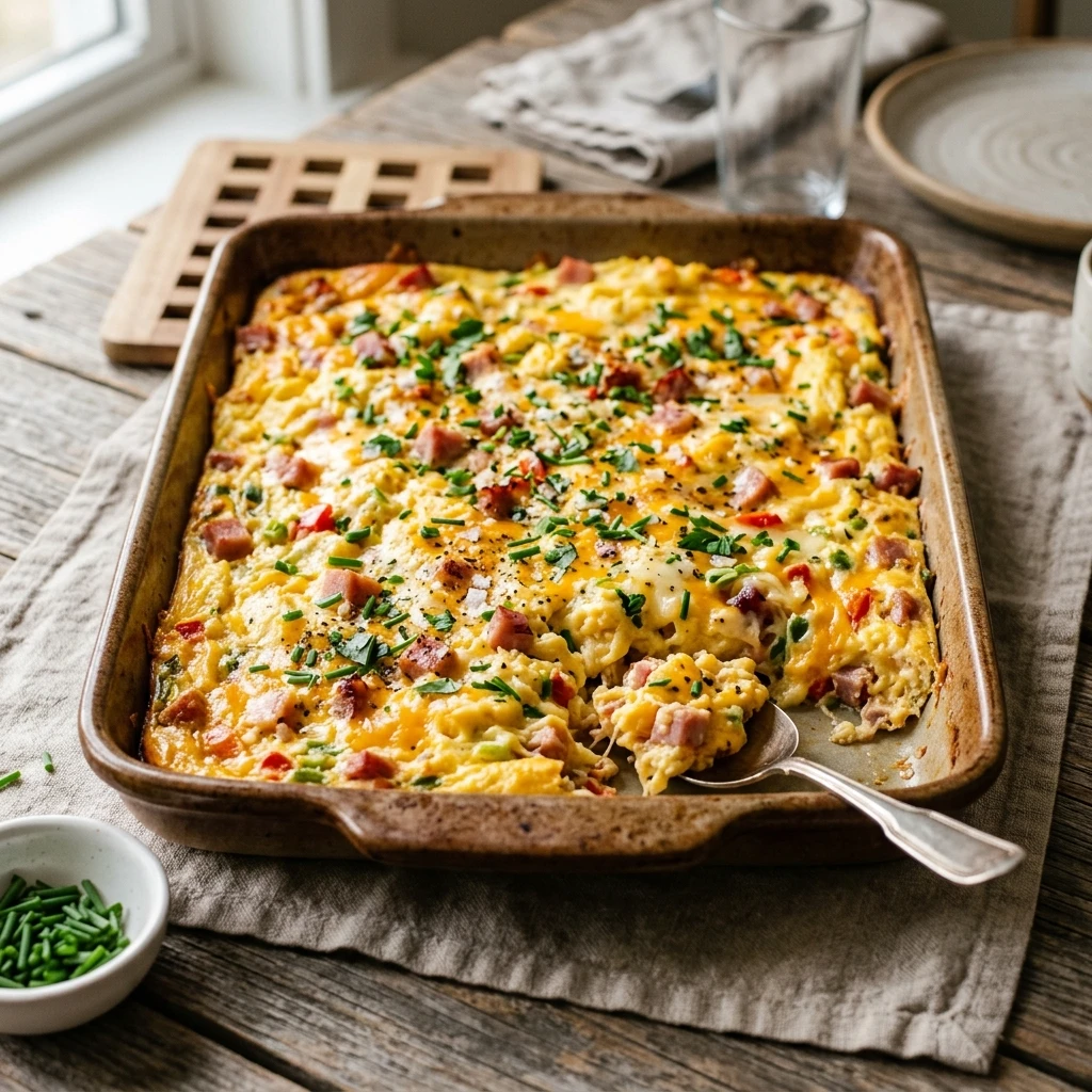 Sheet Pan Cheesy Scrambled Eggs With Ham Feeds 12 No Fail