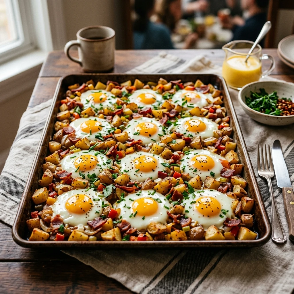 Sheet Pan Eggs With Bacon And Potatoes Breakfast For A Crowd