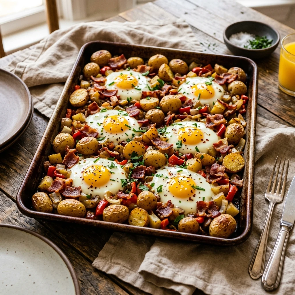 Sheet Pan Eggs With Bacon And Potatoes Breakfast For A Crowd