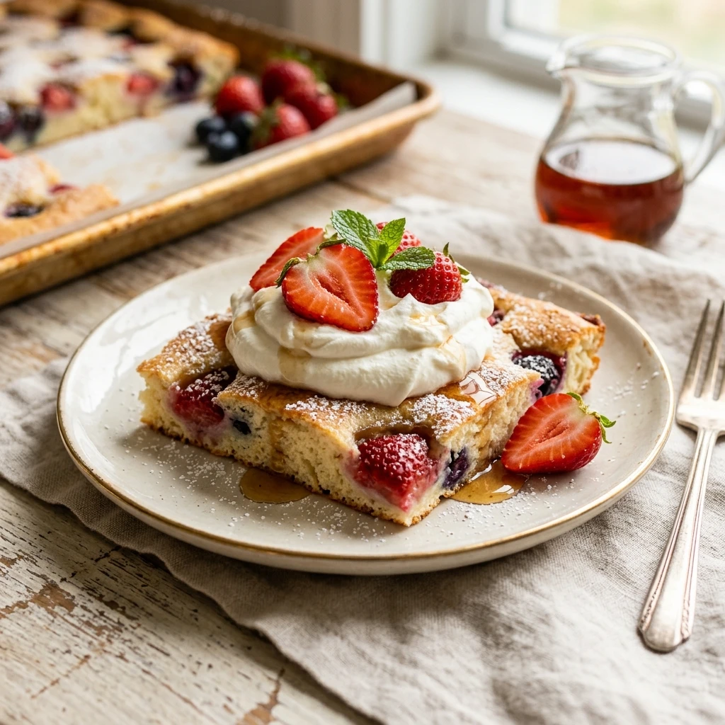 Sheet Pan Pancakes With Strawberries And Whipped Cream Easy