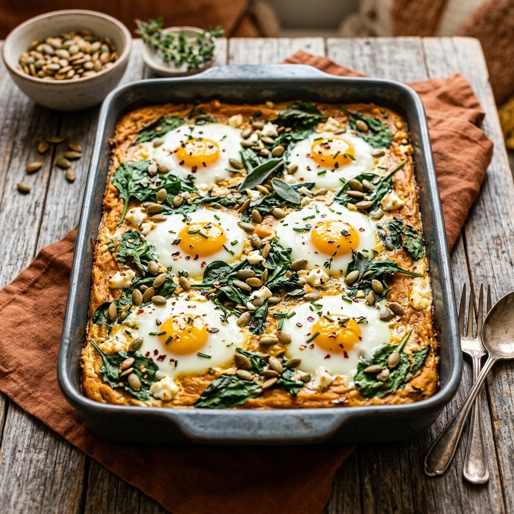 Sheet Pan Pumpkin Baked Eggs With Spinach Fall Breakfast Feeds 8