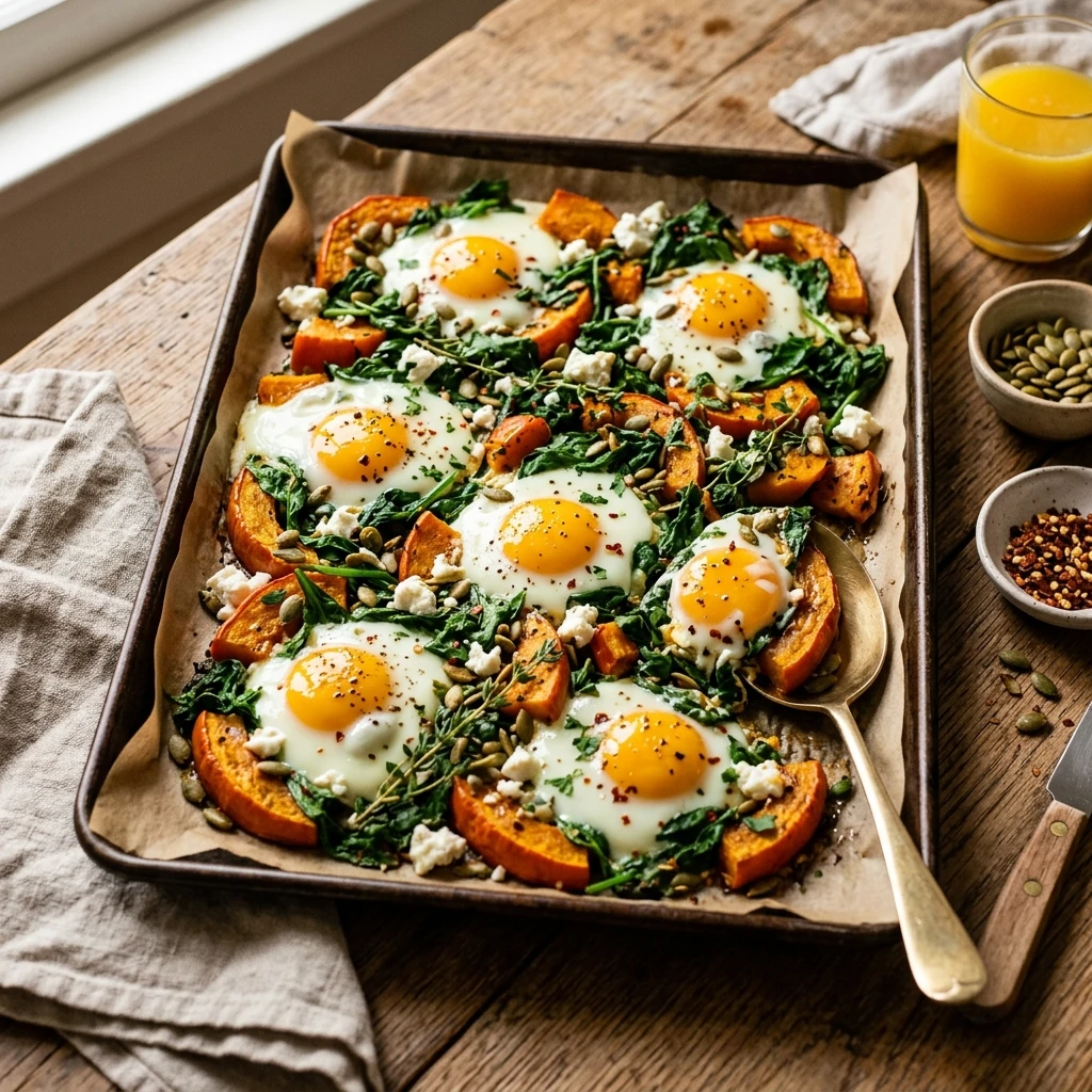 Sheet Pan Pumpkin Baked Eggs With Spinach Fall Breakfast Feeds 8