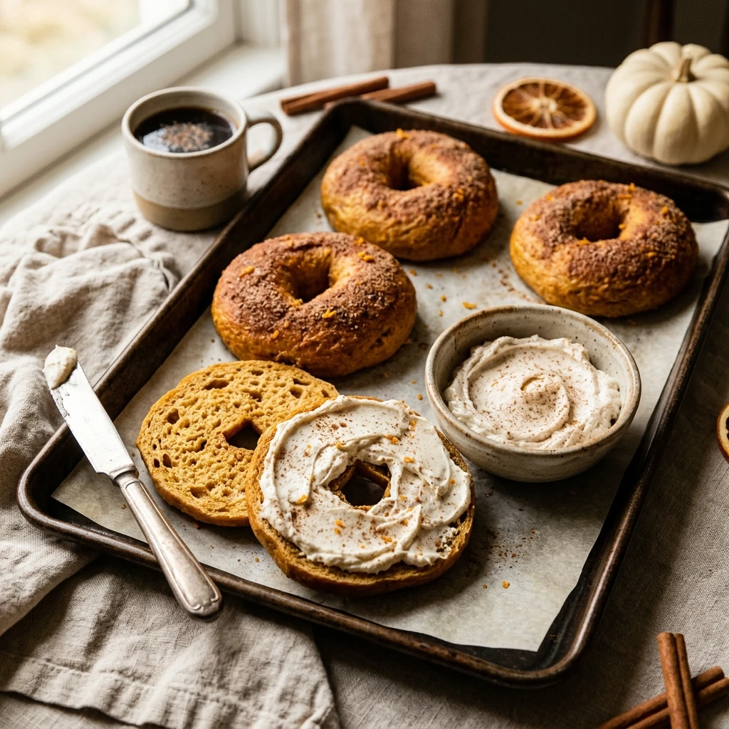 Sheet Pan Pumpkin Spice Bagels With Cream Cheese Fall Brunch