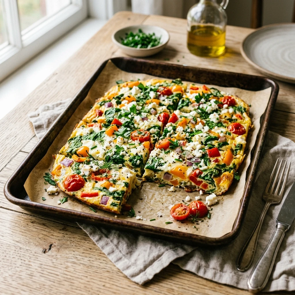 Sheet Pan Veggie Omelet With Spinach And Feta Feeds 12