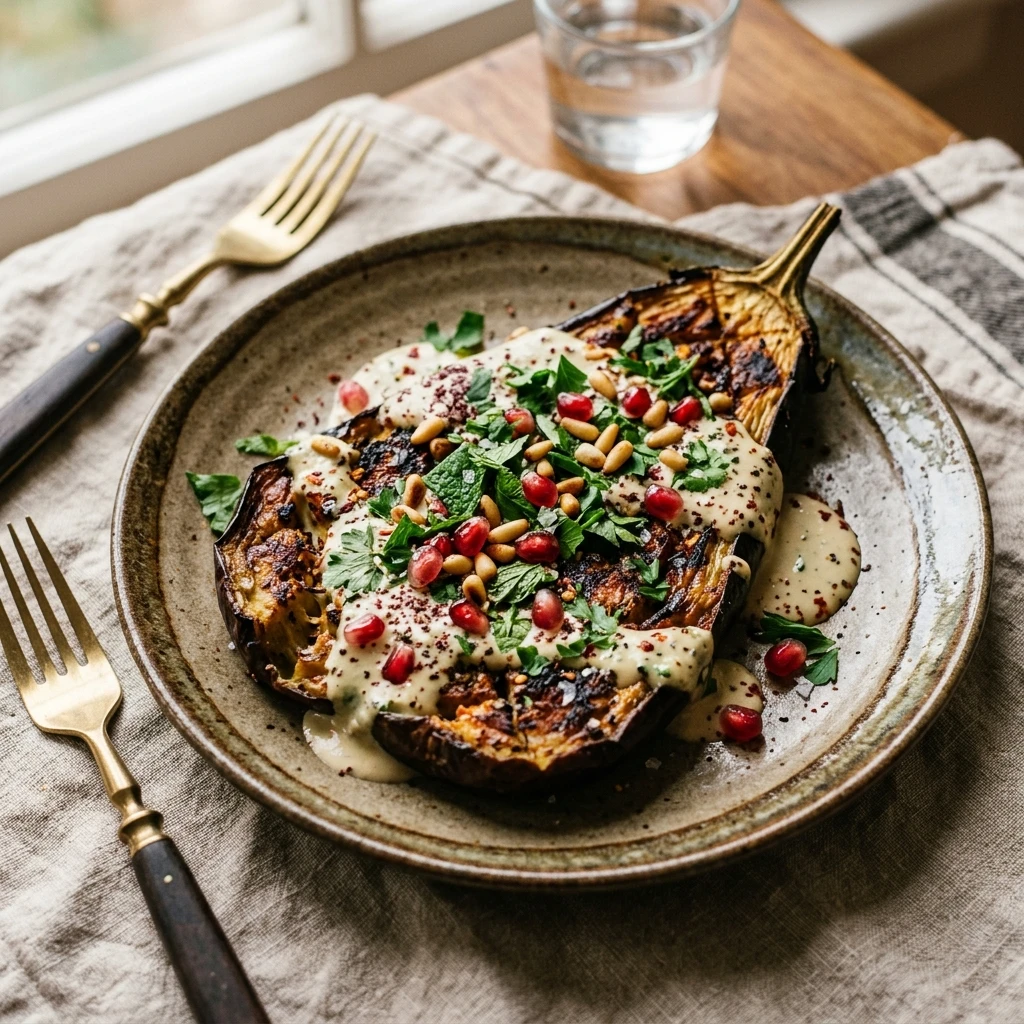 Smashed Eggplant Crispy With Tahini Middle Eastern