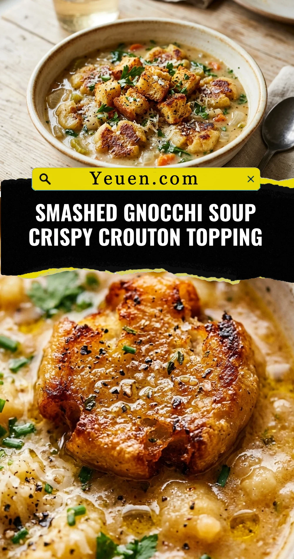 Smashed Gnocchi Soup Crispy Crouton Topping