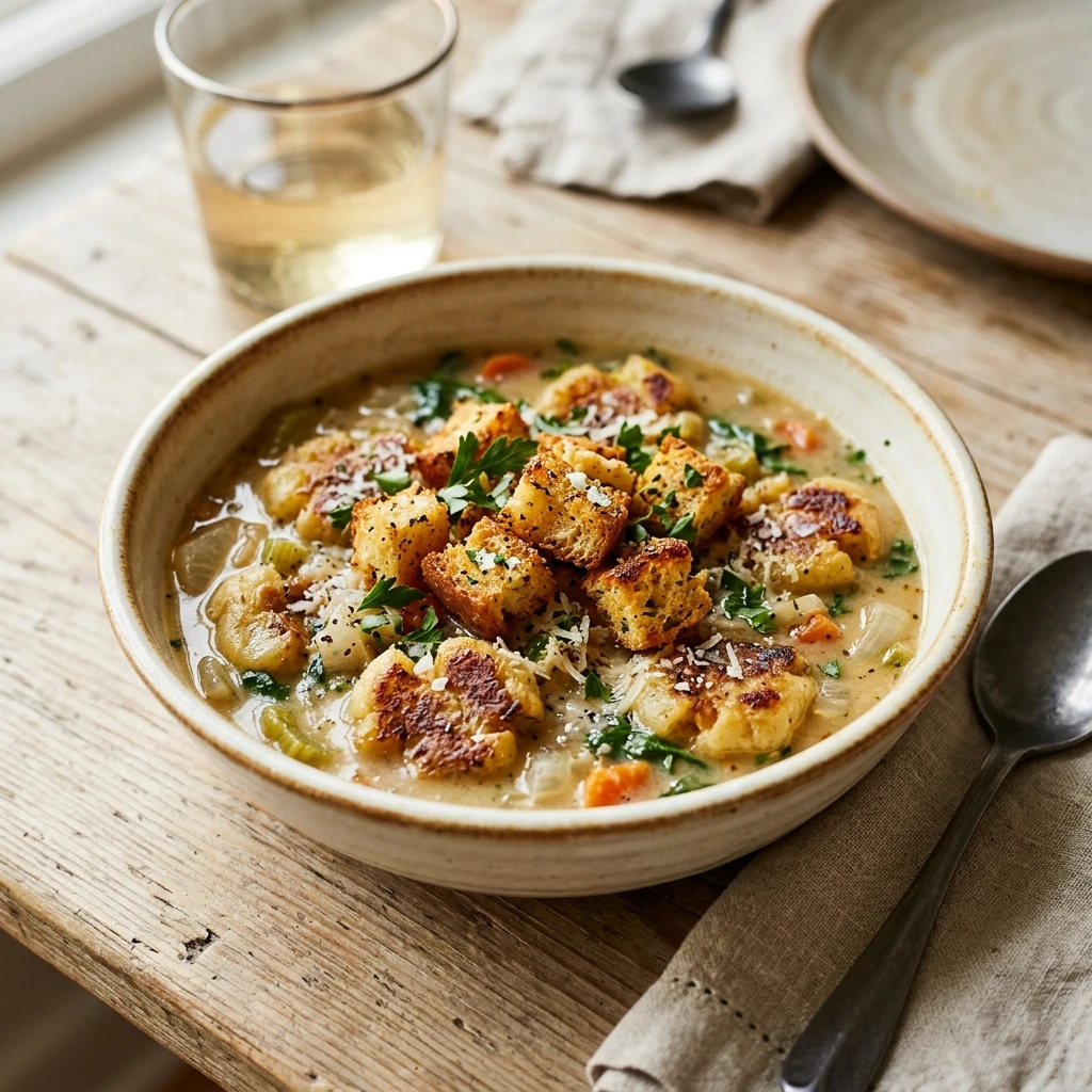 Smashed Gnocchi Soup Crispy Crouton Topping