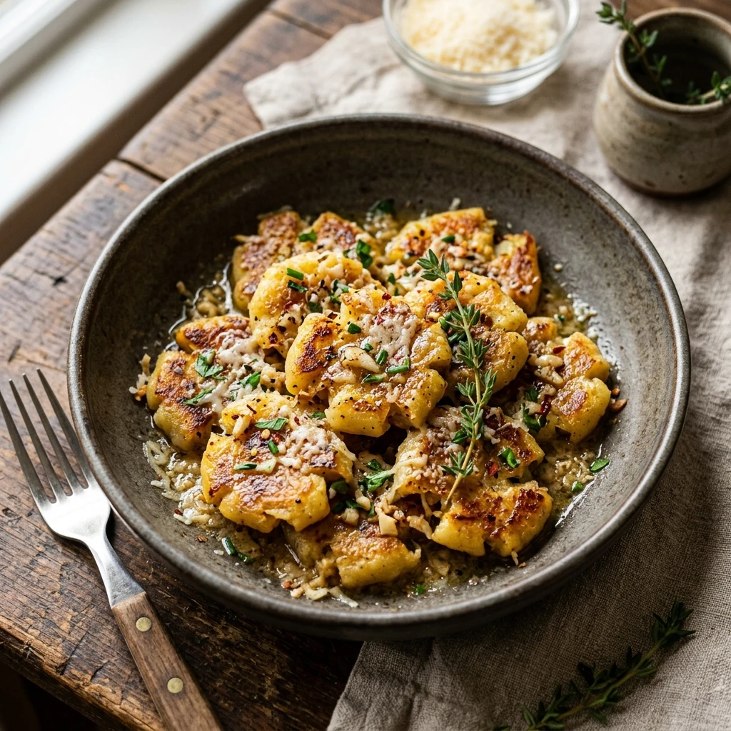 Smashed Gnocchi With Garlic Butter Parmesan Crispy