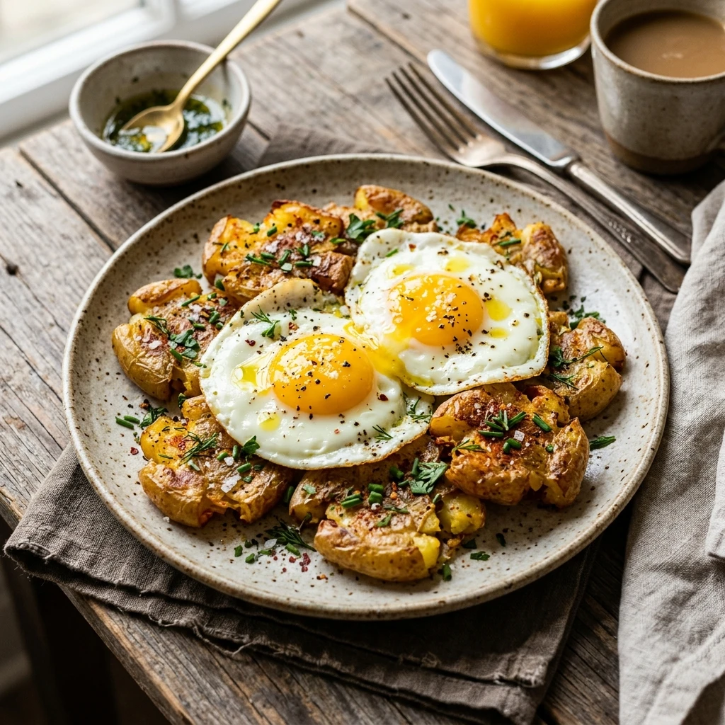 Smashed Potatoes Breakfast Crispy With Eggs
