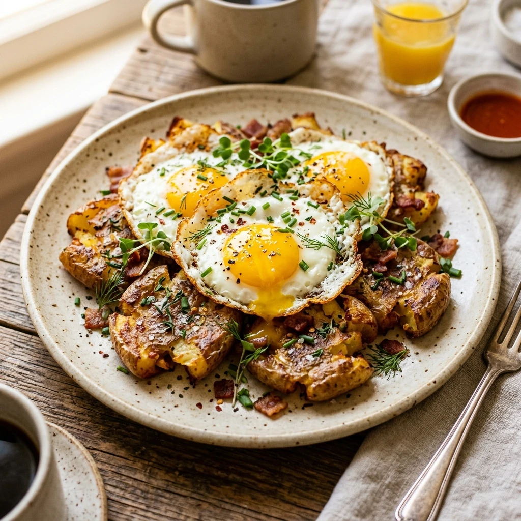 Smashed Potatoes Breakfast Crispy With Eggs