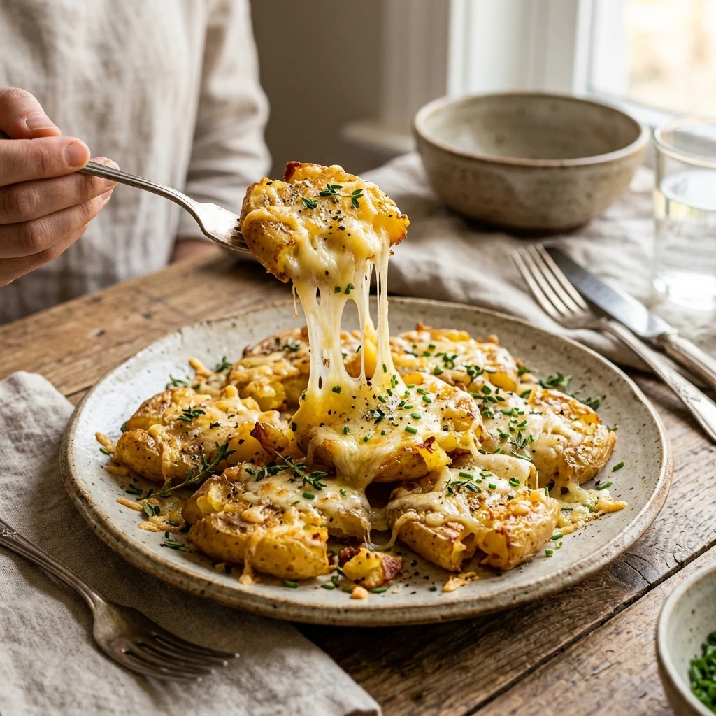 Smashed Potatoes With Cheese Crispy Cheesy Pull
