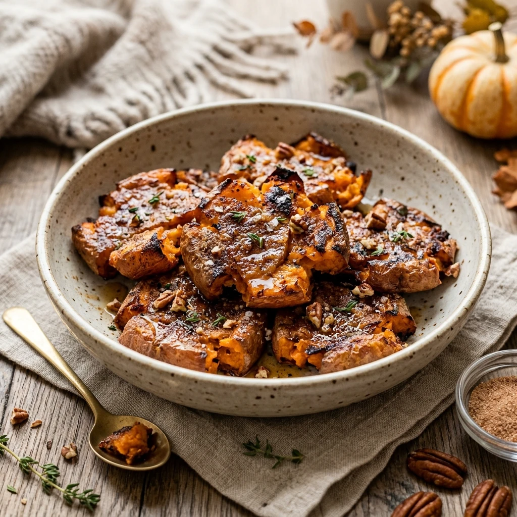 Smashed Sweet Potatoes Crispy Air Fryer Brown Sugar Cinnamon Fall Viral