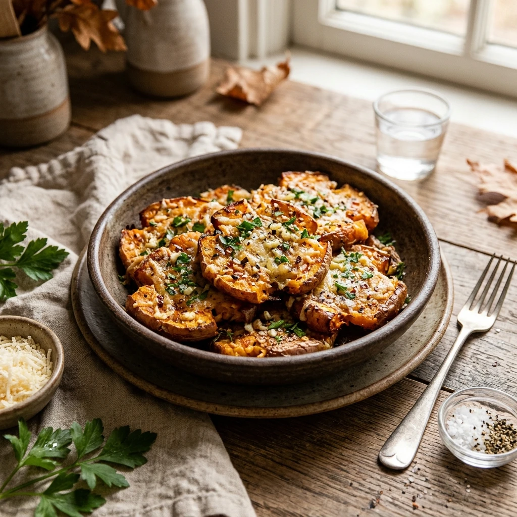 Smashed Sweet Potatoes Crispy Parmesan Garlic Air Fryer Fall Viral Extra