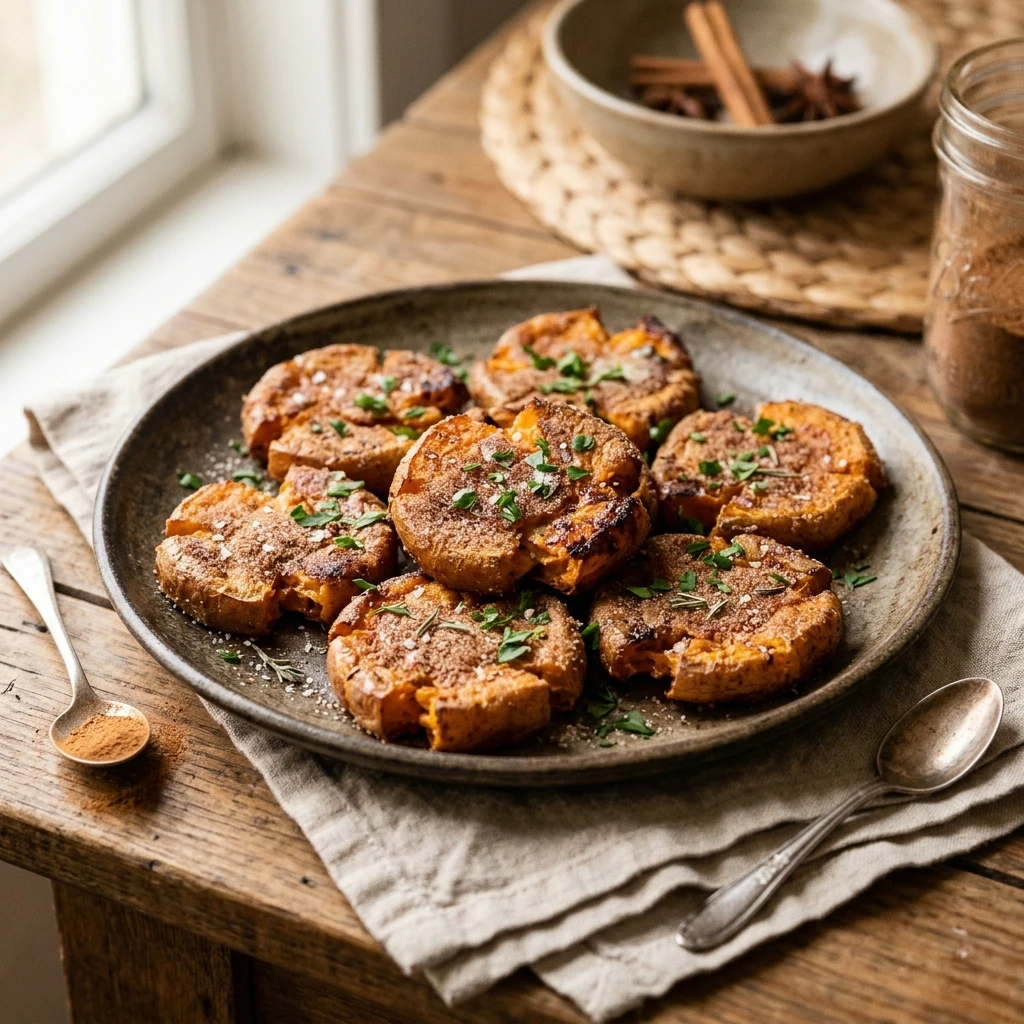 Smashed Sweet Potatoes Crispy With Cinnamon Sugar Fall Viral Air Fryer Extra