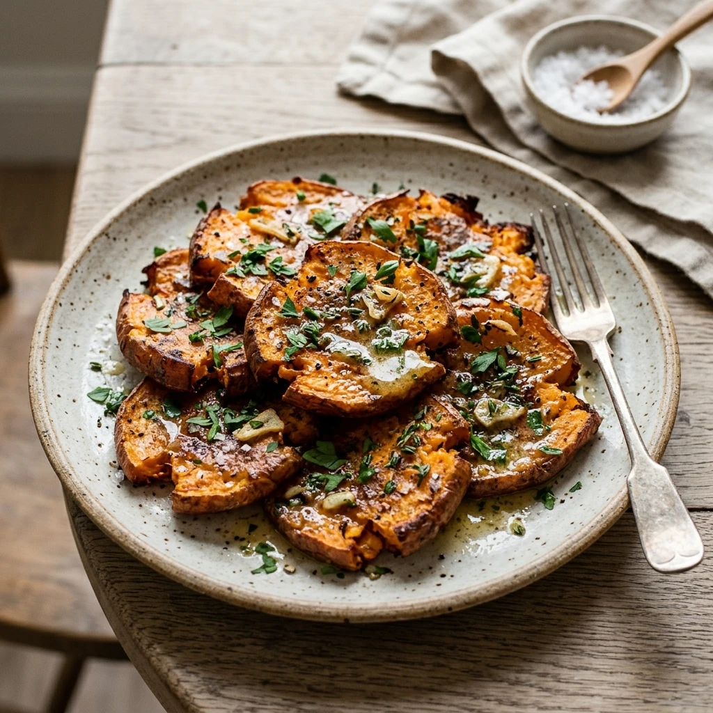 Smashed Sweet Potatoes Crispy With Garlic Herb Butter Fall Viral Air Fryer Extra
