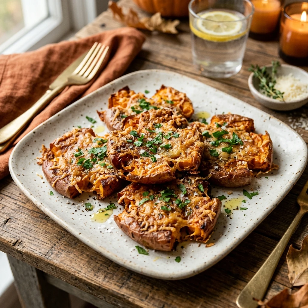 Smashed Sweet Potatoes Crispy With Parmesan Crust Fall Viral Air Fryer Extra Crispy