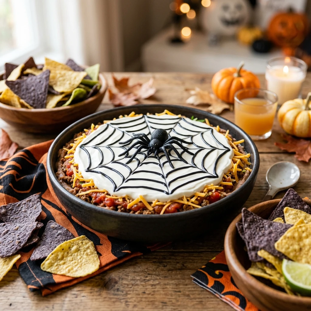 Spider Web Taco Dip Halloween Party Appetizer