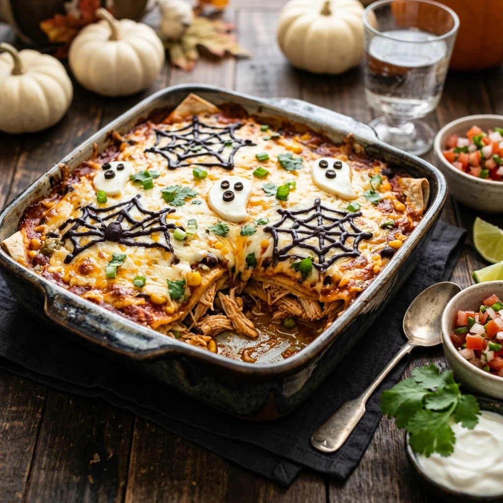 Spooky Chicken Enchilada Casserole - Make Ahead