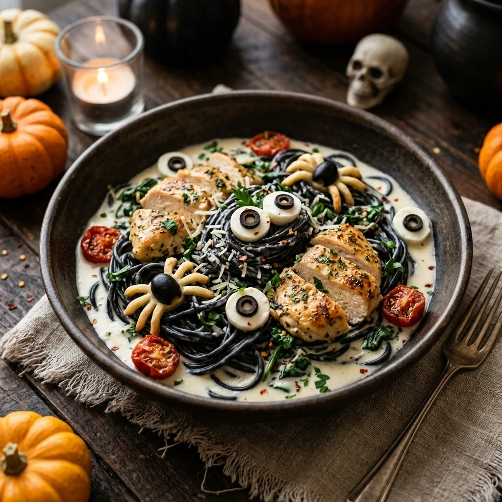 Spooky Halloween Chicken Alfredo Black Pasta