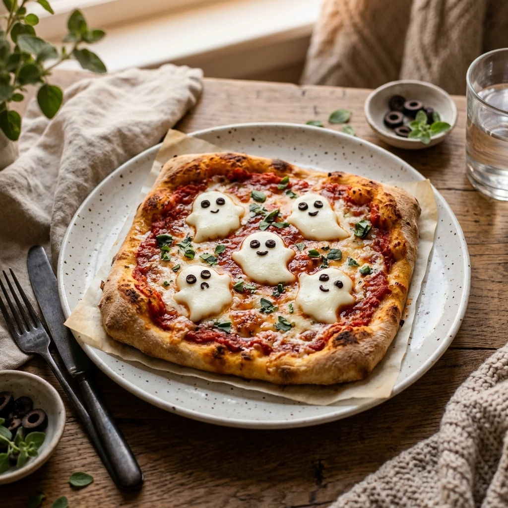 Spooky Pizza Dinner Kid Approved Easy Halloween Ghost Pizza