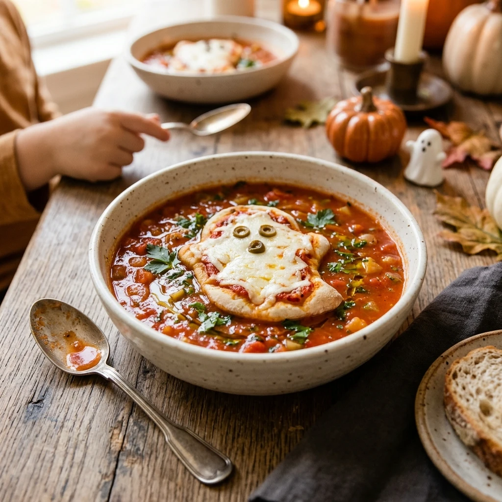 Spooky Soup Dinner Kid Approved Easy Halloween Ghost Pizza