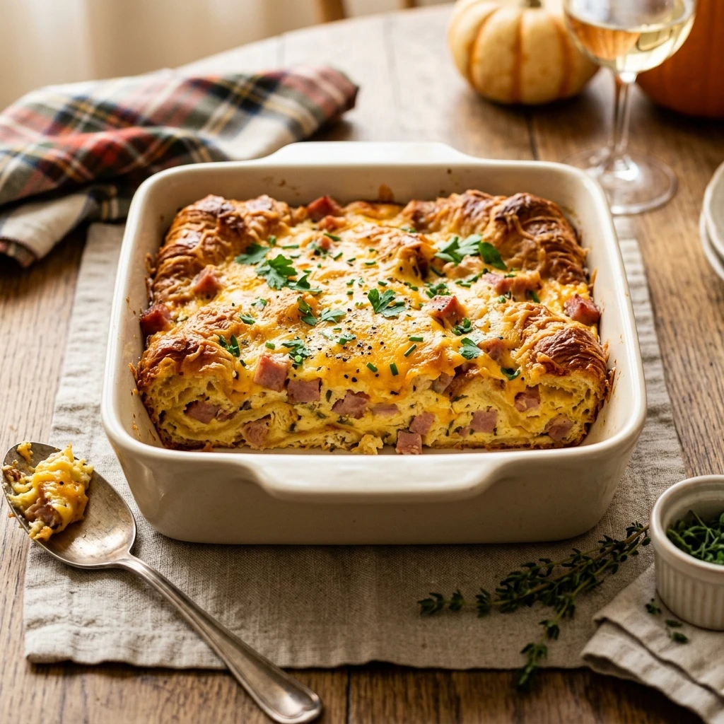 Thanksgiving Croissant Breakfast Casserole With Ham And Cheese