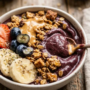 Thick Creamy Acai Bowl With Peanut Butter Granola Fruit Superfood Healthy Viral