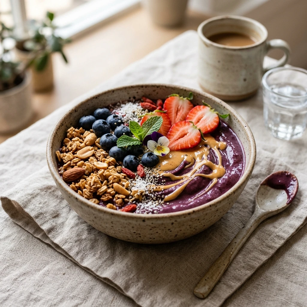 Thick Creamy Acai Bowl With Peanut Butter Granola Fruit Superfood Healthy Viral
