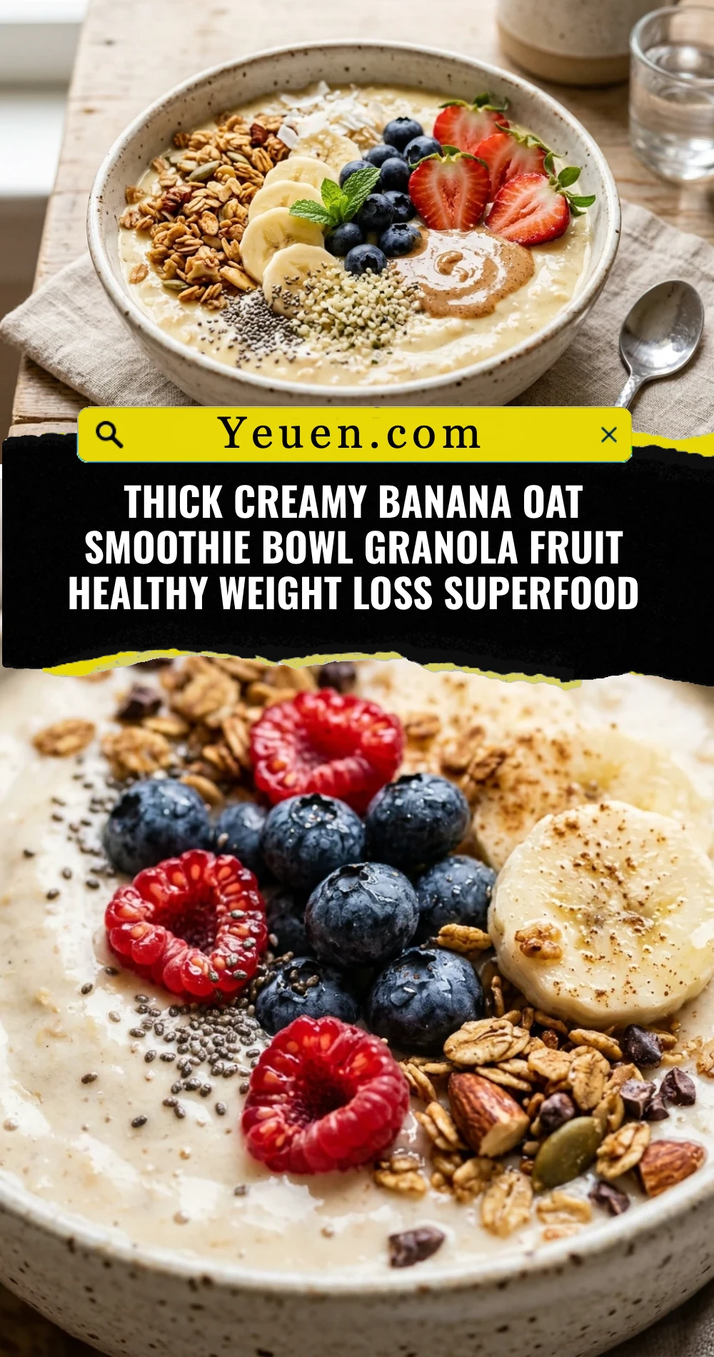 Thick Creamy Banana Oat Smoothie Bowl Granola Fruit Healthy Weight Loss Superfood