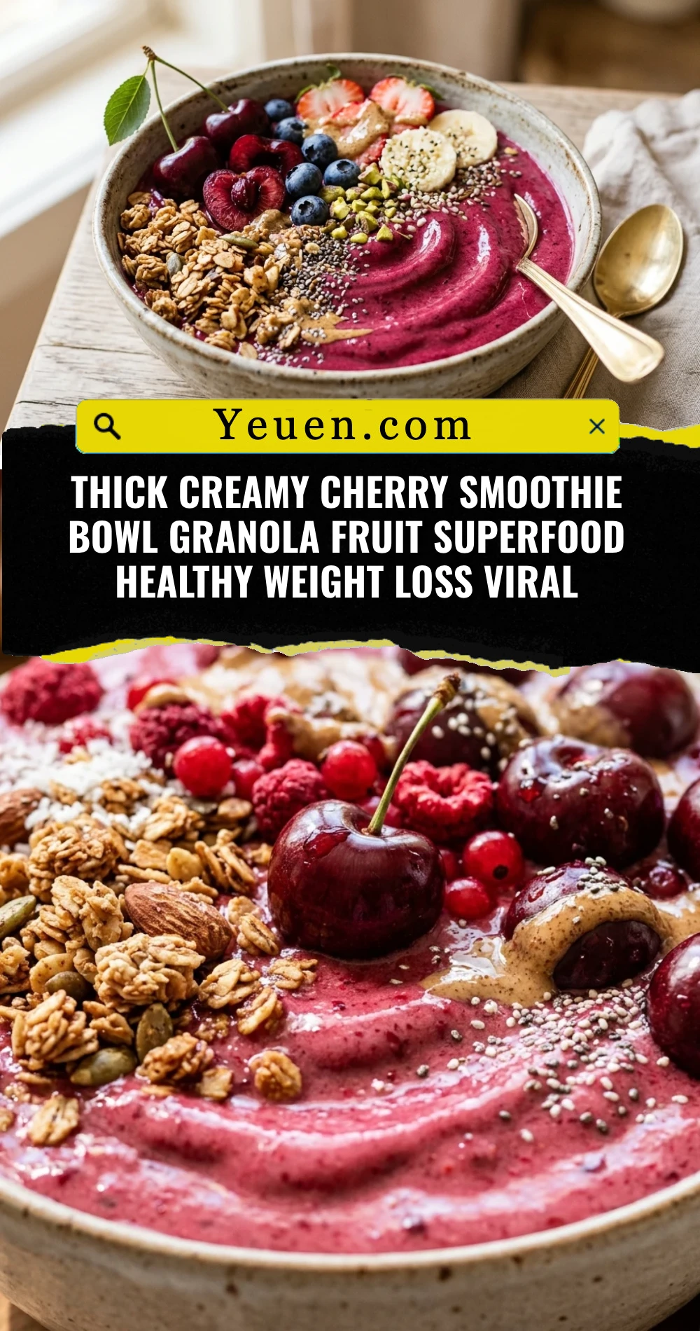 Thick Creamy Cherry Smoothie Bowl Granola Fruit Superfood Healthy Weight Loss Viral