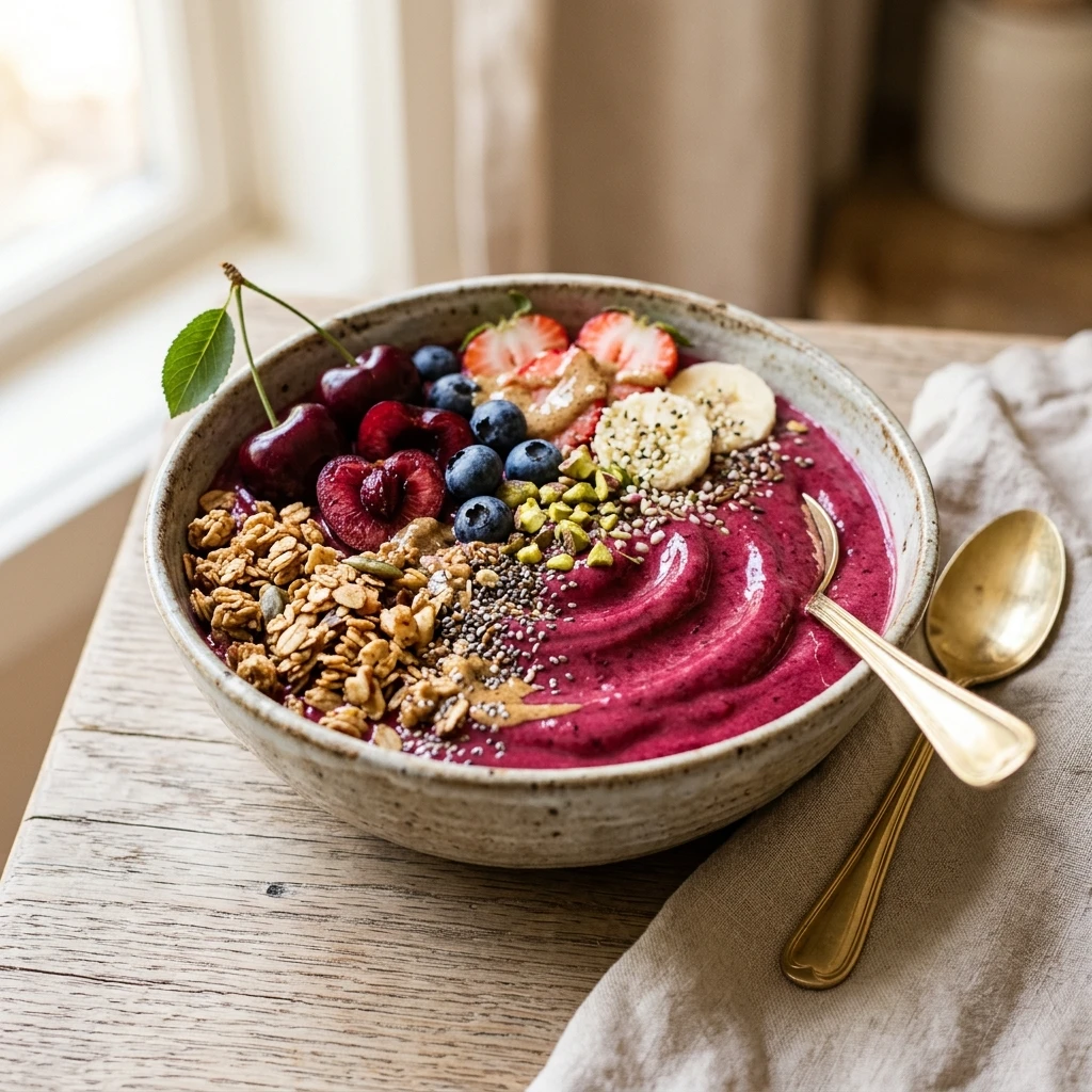 Thick Creamy Cherry Smoothie Bowl Granola Fruit Superfood Healthy Weight Loss Viral