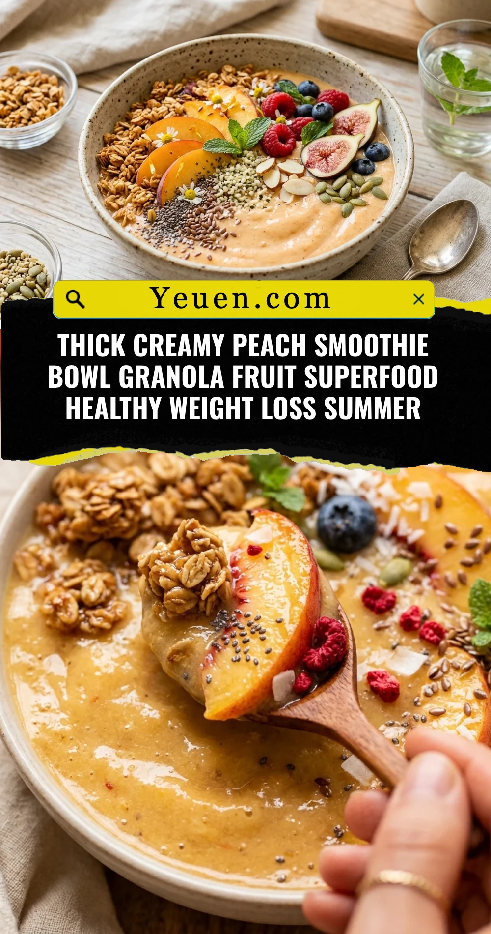Thick Creamy Peach Smoothie Bowl Granola Fruit Superfood Healthy Weight Loss Summer