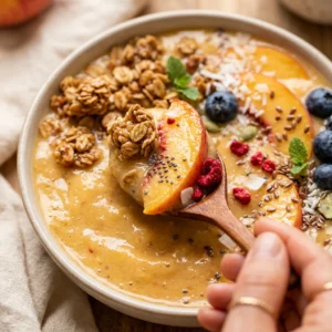 Thick Creamy Peach Smoothie Bowl Granola Fruit Superfood Healthy Weight Loss Summer