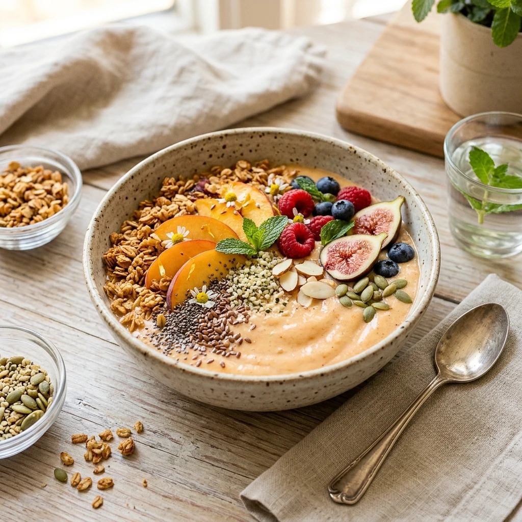 Thick Creamy Peach Smoothie Bowl Granola Fruit Superfood Healthy Weight Loss Summer