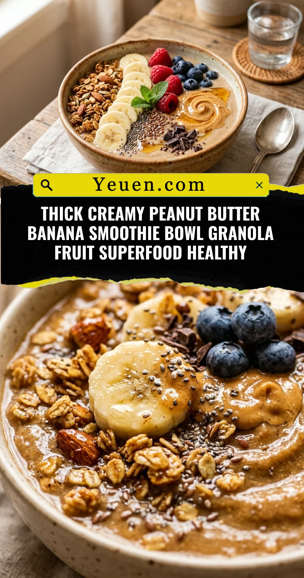 Thick Creamy Peanut Butter Banana Smoothie Bowl Granola Fruit Superfood Healthy