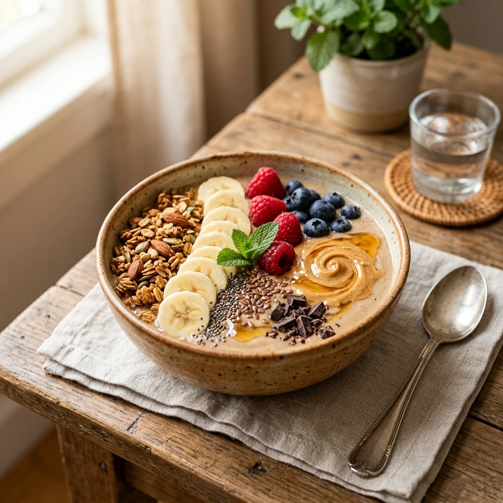 Thick Creamy Peanut Butter Banana Smoothie Bowl Granola Fruit Superfood Healthy