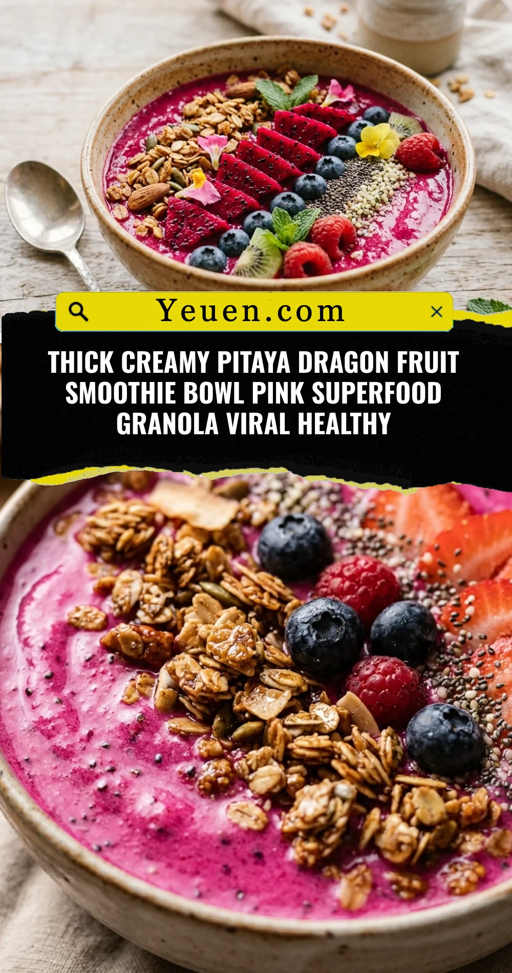 Thick Creamy Pitaya Dragon Fruit Smoothie Bowl Pink Superfood Granola Viral Healthy