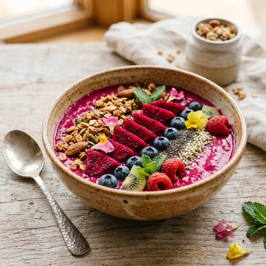 Thick Creamy Pitaya Dragon Fruit Smoothie Bowl Pink Superfood Granola Viral Healthy