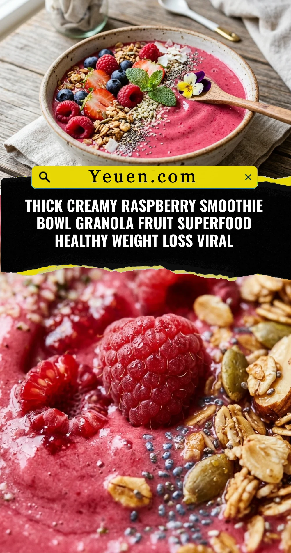 Thick Creamy Raspberry Smoothie Bowl Granola Fruit Superfood Healthy Weight Loss Viral