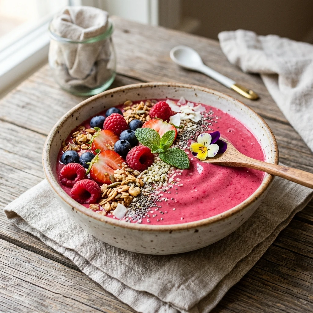 Thick Creamy Raspberry Smoothie Bowl Granola Fruit Superfood Healthy Weight Loss Viral